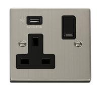 Click Deco VPSS771UBK Victorian 13A 1G Switched Socket + 1x2.1A USB - Stainless Steel (Black)
