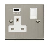 Click Deco VPSS771UWH Victorian 13A 1G Switched Socket + 1x2.1A USB - Stainless Steel (White)
