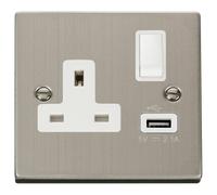Click Deco VPSS771WH Victorian 13A 1G Switched Socket + 1x2.1A USB - Stainless Steel (White)