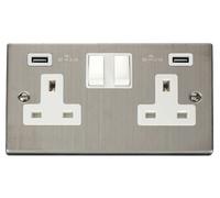 Click Deco VPSS780WH Victorian 13A 2G Switched Socket + 2x2.1A USB - Stainless Steel (White)