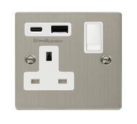 Click Deco VPSS785WH Victorian 13A Non-Ingot 1G Switched Socket + Type A&C USB - Stainless Steel (White)