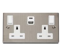 Click Deco VPSS786WH Victorian 13A 2G Switched Socket + Type A&C USB - Stainless Steel (White)