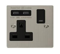 Click Deco VPSS795BK Victorian 'Non Ingot' 13A 1 Gang Switched Safety Shutter Socket with Twin Type C USB (4.2A) - Stainless Steel (Black)