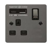 Click Define FPBN595BK Flat Plate 'Ingot' 13A 1 Gang Switched Safety Shutter Socket with Twin Type C USB (4.2A) - Black Nickel (Black)