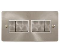 Click Define FPBS416WH Flat Plate 10AX Ingot 6-Gang 2-Way Plate Switch - Brushed Stainless (White)