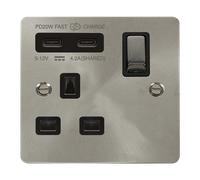 Click Define FPBS595BK Flat Plate 'Ingot' 13A 1 Gang Switched Safety Shutter Socket with Twin Type C USB (4.2A) - Brushed Stainless (Black)