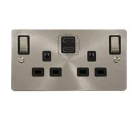 Click Define FPBS596BK Flat Plate 'Ingot' 13A 2 Gang Switched Safety Shutter Socket with Twin Type C USB (4.2A) - Brushed Stainless (Black)