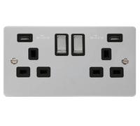 Click Define FPCH580BK Flat Plate 13A Ingot 2G Switched Socket + 2x2.1A USB - Polished Chrome (Black)