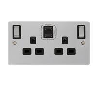 Click Define FPCH596BK Flat Plate 'Ingot' 13A 2 Gang Switched Safety Shutter Socket with Twin Type C USB (4.2A) - Polished Chrome (Black)