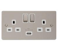 Click Define FPPN570WH Flat Plate 13A Ingot 2G Switched Socket + 1x2.1A USB - Pearl Nickel (White)