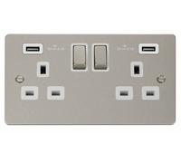 Click Define FPPN580WH Flat Plate 13A Ingot 2G Switched Socket + 2x2.1A USB - Pearl Nickel (White)