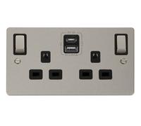 Click Define FPPN586BK Flat Plate 13A Ingot 2G Switched Socket + Type A&C USB - Pearl Nickel (Black)