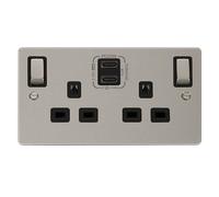 Click Define FPPN596BK Flat Plate 'Ingot' 13A 2 Gang Switched Safety Shutter Socket with Twin Type C USB (4.2A) - Pearl Nickel (Black)