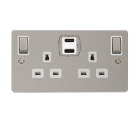 Click Define FPPN596WH Flat Plate 'Ingot' 13A 2 Gang Switched Safety Shutter Socket with Twin Type C USB (4.2A) - Pearl Nickel (White)
