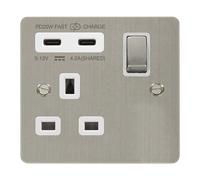 Click Define FPSS595WH Flat Plate 'Ingot' 13A 1 Gang Switched Safety Shutter Socket with Twin Type C USB (4.2A) - Stainless Steel (White)