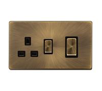 Click Definity Complete SFAB504BK 50A Ingot Double Pole Switch With 13A Double Pole Switched Socket - Antique Brass Cover Plate - Black Insert