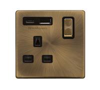 Click Definity Complete SFAB585BK 'Ingot' 13A 1 Gang Switched Safety Shutter Socket Outlet with Type A & C USB (4A) Outlets - Antique Brass - Black Inserts