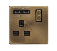 Click Definity Complete SFAB595BK 'Ingot' 13A 1 Gang Switched Safety Shutter Socket with Twin Type C USB (4.2A) - Antique Brass - Black Inserts
