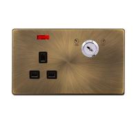 Click Definity Complete SFAB655BK 13A 1 Gang Double Pole Key Lockable Socket With Neon - Antique Brass Cover Plate - Black Insert
