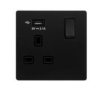 Click Definity Complete SFBK771UBK 13A Ingot 1 Gang Switched Socket With 2.1A USB Outlet - Matt Black Cover Plate - Black Insert