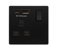Click Definity Complete SFBK785BK 'Non Ingot' 13A 1 Gang Switched Safety Shutter Socket Outlet with Type A & C USB (4A) Outlets - Matt Black - Black Inserts