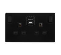 Click Definity Complete SFBK786BK 13A Ingot 2 Gang Switched Safety Shutter Socket With Type A & C USB - Matt Black Cover Plate - Black Insert