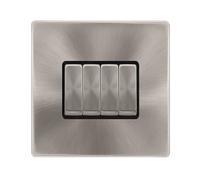Click Definity Complete SFBS104BK 10AX Ingot 4 Gang 2 Way Single Plate Switch - Brushed Steel Cover Plate - Black Insert