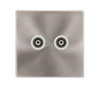 Click Definity Complete SFBS159PW Twin Isolated Coaxial Outlet - Brushed Steel Cover Plate - Polar White Insert