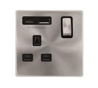 Click Definity Complete SFBS585BK 'Ingot' 13A 1 Gang Switched Safety Shutter Socket Outlet with Type A & C USB (4A) Outlets - Brushed Stainless - Black Inserts