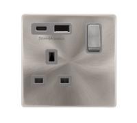 Click Definity Complete SFBS585GY 'Ingot' 13A 1 Gang Switched Safety Shutter Socket Outlet with Type A & C USB (4A) Outlets - Brushed Stainless - Grey Inserts
