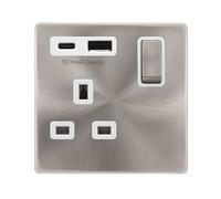 Click Definity Complete SFBS585PW 'Ingot' 13A 1 Gang Switched Safety Shutter Socket Outlet with Type A & C USB (4A) Outlets - Brushed Stainless - Polar White Inserts