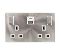 Click Definity Complete SFBS586PW 13A Ingot 2 Gang Switched Safety Shutter Socket With Type A & C USB - Brushed Steel Cover Plate - Polar White Insert