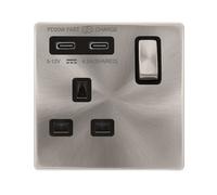 Click Definity Complete SFBS595BK 'Ingot' 13A 1 Gang Switched Safety Shutter Socket with Twin Type C USB (4.2A) - Brushed Stainless - Black Inserts