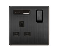 Click Definity Complete SFBZ585BK 'Ingot' 13A 1 Gang Switched Safety Shutter Socket Outlet with Type A & C USB (4A) Outlets - Matt Bronze - Black Inserts