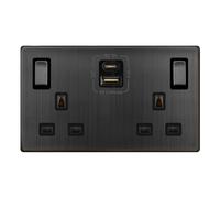 Click Definity Complete SFBZ586BK 13A Ingot 2 Gang Switched Safety Shutter Socket With Type A & C USB - Matt Bronze Cover Plate - Black Insert