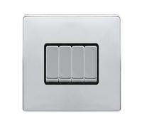 Click Definity Complete SFCH104BK 10AX Ingot 4 Gang 2 Way Single Plate Switch - Polished Chrome Cover Plate - Black Insert