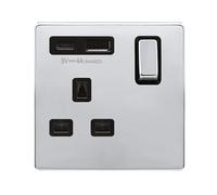 Click Definity Complete SFCH585BK 'Ingot' 13A 1 Gang Switched Safety Shutter Socket Outlet with Type A & C USB (4A) Outlets - Polished Chrome - Black Inserts