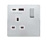 Click Definity Complete SFCH585PW 'Ingot' 13A 1 Gang Switched Safety Shutter Socket Outlet with Type A & C USB (4A) Outlets - Polished Chrome - Polar White Inserts