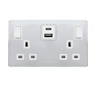 Click Definity Complete SFCH586PW 13A Ingot 2 Gang Switched Safety Shutter Socket With Type A & C USB - Polished Chrome Cover Plate - Polar White Insert