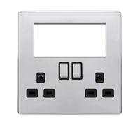 Click Definity Complete SFCH604BK 2 Gang 3 Pin Safety Shutter Switched Socket with Quad New Media Apertures - Polished Chrome Cover Plate - Black Insert