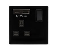 Click Definity Complete SFMB785BK 'Non Ingot' 13A 1 Gang Switched Safety Shutter Socket Outlet with Type A & C USB (4A) Outlets - Metal Black - Black Inserts
