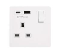 Click Definity Complete SFMW785PW 'Non Ingot' 13A 1 Gang Switched Safety Shutter Socket Outlet with Type A & C USB (4A) Outlets - Metal White - Polar White Inserts