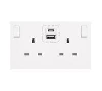 Click Definity Complete SFMW786PW 13A Ingot 2 Gang Switched Safety Shutter Socket With Type A & C USB - Metal White Cover Plate - Polar White Insert