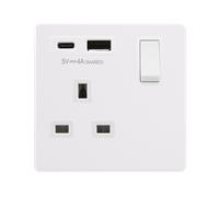 Click Definity Complete SFPW785PW 'Non Ingot' 13A 1 Gang Switched Safety Shutter Socket Outlet with Type A & C USB (4A) Outlets - Polar White - Polar White Inserts