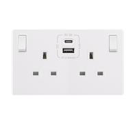Click Definity Complete SFPW786PW 13A Ingot 2 Gang Switched Safety Shutter Socket With Type A & C USB - Polar White Cover Plate - Polar White Insert