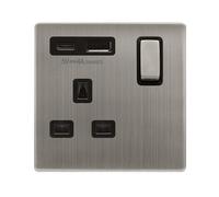 Click Definity Complete SFSS585BK 'Ingot' 13A 1 Gang Switched Safety Shutter Socket Outlet with Type A & C USB (4A) Outlets - Stainless Steel - Black Inserts