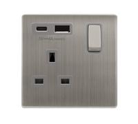 Click Definity Complete SFSS585GY 'Ingot' 13A 1 Gang Switched Safety Shutter Socket Outlet with Type A & C USB (4A) Outlets - Stainless Steel - Grey Inserts