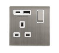 Click Definity Complete SFSS585PW 'Ingot' 13A 1 Gang Switched Safety Shutter Socket Outlet with Type A & C USB (4A) Outlets - Stainless Steel - Polar White Inserts