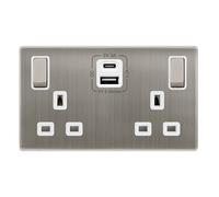 Click Definity Complete SFSS586PW 13A Ingot 2 Gang Switched Safety Shutter Socket With Type A & C USB - Stainless Steel Cover Plate - Polar White Insert