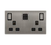 Click Definity Complete SFSS596BK 'Ingot' 13A 2 Gang Switched Safety Shutter Socket with Twin Type C USB (4.2A) - Stainless Steel - Black Inserts